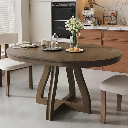 Vista 18 de Mesa de comedor extensible ovalada de madera con base de pedestal Marrón