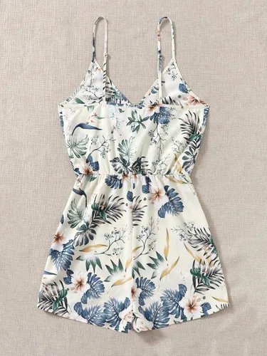 Vista 2 de WDIRARA Overol casual para mujer, estampado floral, bohemio, cuello en V, pantalones cortos para la playa