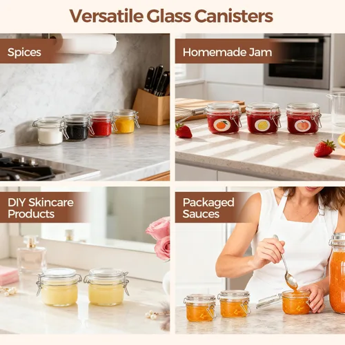 Vista 7 de ComSaf Juego de 6 frascos de vidrio herméticos pequeños de 4 onzas con tapas, frasco redondo para almacenamiento de alimentos, frasco Mason, mini