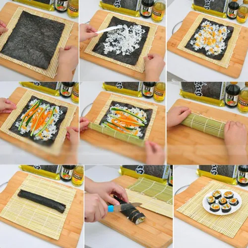 Vista 9 de GARASANI Paquete de 2 kits de fabricación de sushi de bambú, 2 tapetes de bambú natural, 1 cepillo de cocina, 9.4 x 9.4 pulgadas (beige)