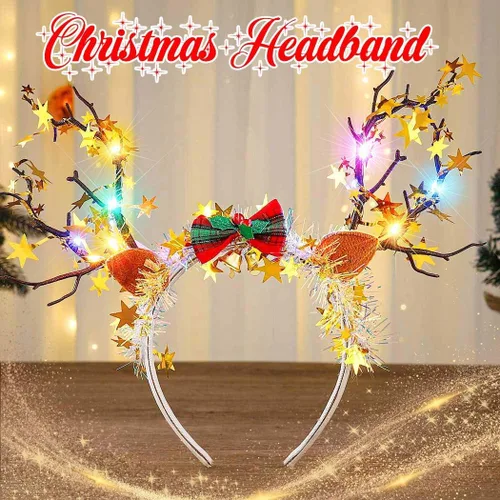 Vista 2 de CASDRE Diadema de Navidad iluminada, diadema de cornamenta de reno dorado, accesorios para el cabello con lazo de Navidad para mujer