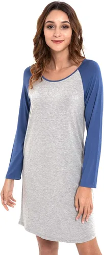 Vista 3 de LazyCozy Camisones de bambú para mujer, camisa de noche de manga larga, ropa de dormir suave, ligera, cuello redondo, vestido de noche