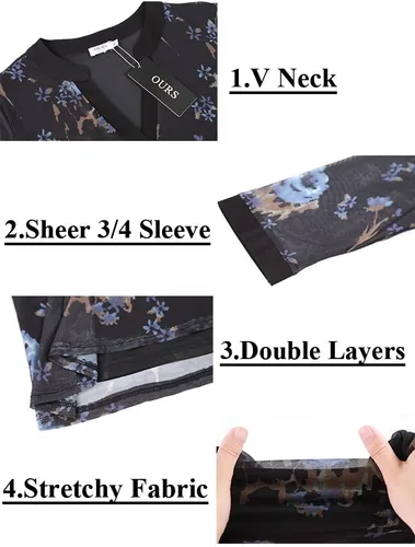 Vista 5 de Supnier Blusas elegantes para mujer, manga 34, cuello en V, con estampado floral, camisas de malla, ajuste holgado