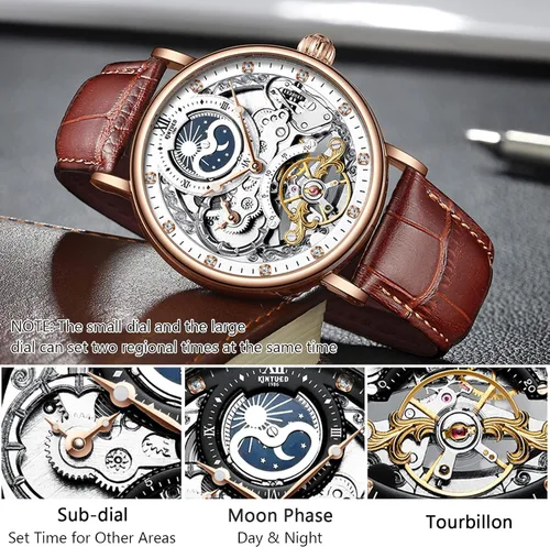 Vista 3 de RORIOS Reloj mecánico de fase lunar para hombre, con correa de cuero, automático de cuerda automática, Tourbillon, reloj de vestir de negocios