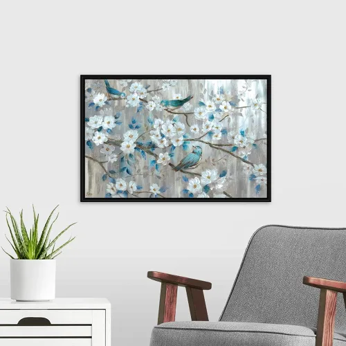 Vista 3 de Lienzo decorativo con marco flotante, diseño de pájaros verde azulado