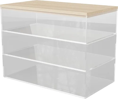 Vista 13 de Martha Stewart Brody - Contenedores organizadores de plástico con tapas de madera de paulownia para oficina en casa, cocina o baño, paquete de 3
