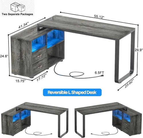 Vista 3 de Homieasy Escritorio en forma de L con archivador y toma de corriente, escritorios reversibles de esquina grandes de 55 pulgadas con tira LED