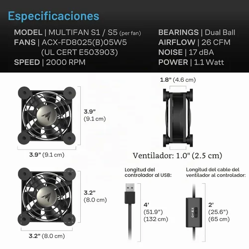 Vista 6 de AC Infinity MULTIFAN S1, ventilador USB silencioso de 80 mm, certificado UL para refrigeración de gabinete de receptor DVR PlayStation Xbox