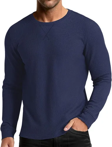 Vista 13 de Camiseta de punto gofre para hombre, camiseta casual de manga larga con cuello redondo, ropa de verano para hombre, camisa clásica básica sólida