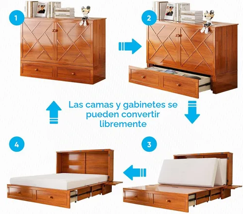 Vista 3 de Mjkone Murphy - Cama Queen con colchón incluido, cama Murphy con estación de carga USB y cajón de almacenamiento, armario móvil Murphy para sala