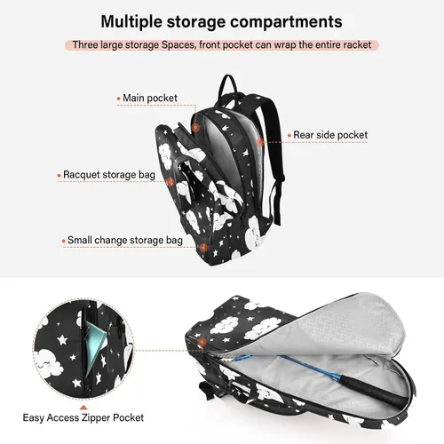 Vista 5 de Unisex Tennis Bag Waterproof Cartoon Happy White Cloud Black Sports Tennis Badminton Bag Case for Women Men raquetas Denis para principiantes
