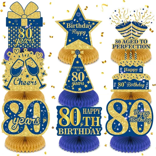 Vista 10 de 9 piezas de decoración de cumpleaños azul marino dorado 18 centros de mesa de panal para decoración de mesa, decoraciones de feliz cumpleaños 18