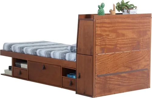 Vista 5 de Memomad Bali Set: Plataforma de almacenamiento con cajones + Cabecera con estantería (Tamaño individual, madera color marrón caramelo)