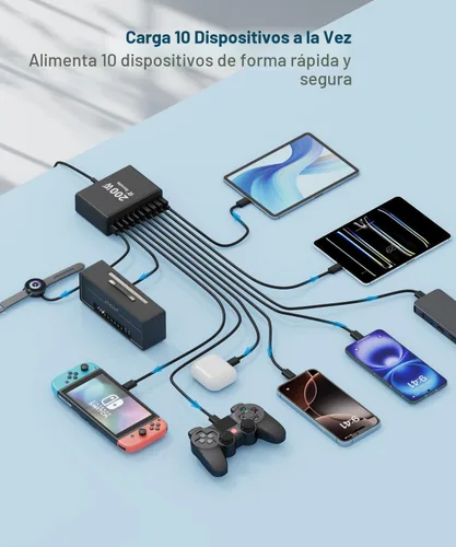 Vista 4 de Estación de carga USB C de 10 puertos con 4 cables USB, bloque de cargador GaN tipo C de 200W, adaptador de enchufe de regleta de alimentación