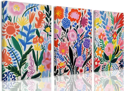 Vista 10 de TBKHUDBI Lienzo de flores bohemias para pared, impresiones florales abstractas, juego de 3 pósteres minimalistas de pintura botánica, mercado