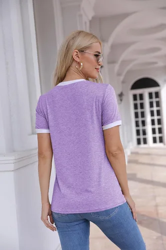Vista 3 de Camiseta básica de manga corta para mujer, cuello redondo, bloque de color básico