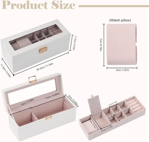 Vista 5 de Dajasan Cajas de joyería para mujeres y niñas, caja organizadora de joyas, caja organizadora de joyas de 2 capas con tapa transparente, organizador