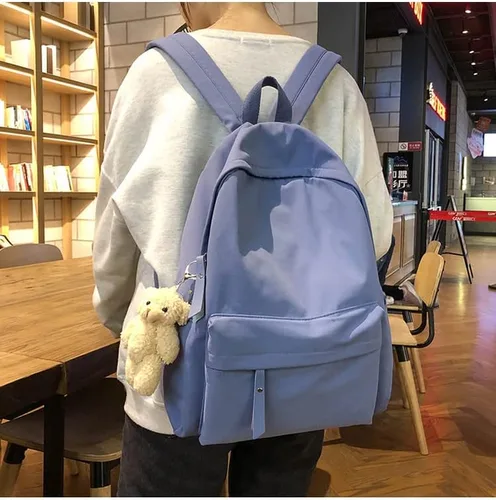 Vista 4 de CYee Cutecore - Mochila estética con colgante de oso, mochila para libros de preparación, suministros escolares, mochila de regreso a clases, Azul