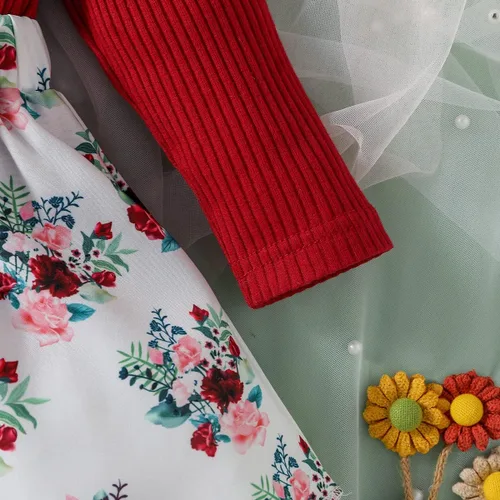 Vista 3 de Haokaini Ropa para bebé niña, vestido de mameluco para recién nacido, manga larga, con volantes, falda floral con tirantes, conjunto de overol