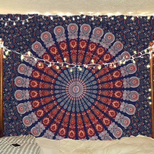 Vista 46 de Tapiz hippie indio bohemio psicodélico dorado azul pavo real mandala colgante en la pared (negro blanco, Queen (84 x 90 pulgadas) (84.6 x 90.6 in)