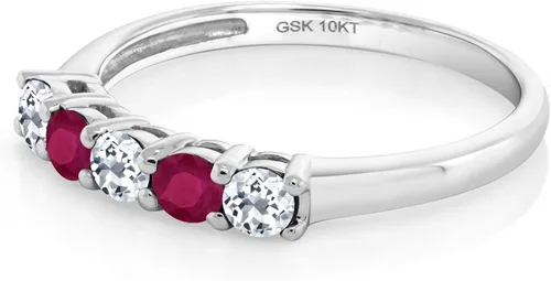 Vista 4 de Gem Stone King 0.70 Ct Round White Topaz Red Ruby 10K White Gold 5 Stone Anniversary 5-Stone Band Ring