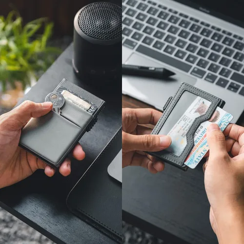 Vista 14 de VULKIT Billetera minimalista con ventana de identificación y bolsillo EDC con bolsillo desplegable para tarjetas de crédito y bloqueo RFID, diseño