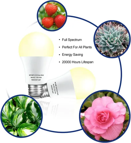 Vista 4 de Paquete de 2 bombillas LED de cultivo A19, bombilla de espectro completo para plantas, bombilla de cultivo E26 de 9 W que reemplaza hasta 80 W, luz