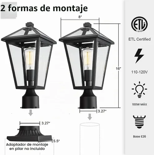 Vista 2 de Lámparas de Poste para Exteriores, Lámpara de Poste con Acabado Negro, Pilar de Aluminio Impermeable y Antioxidante, Iluminación Exterior
