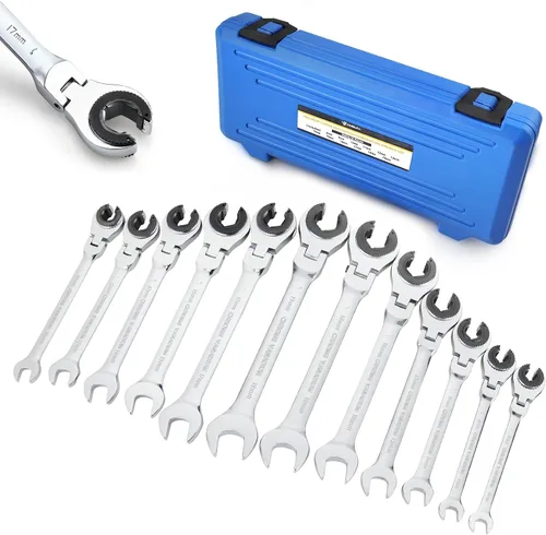 Vista 10 de Llave combinada de trinquete con cabezal flexible abierto, juego de 6 llaves de trinquete SAE con cabezal flexible de 180°, 72 engranajes de acero