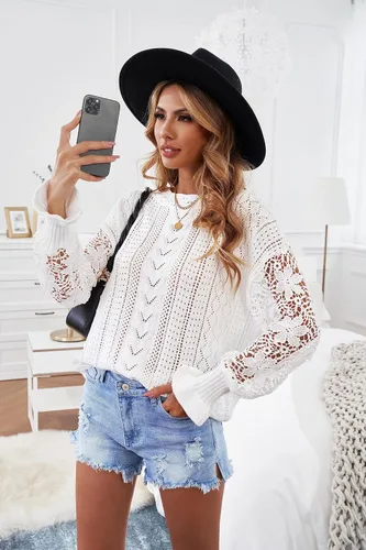 Vista 2 de AlvaQ - Suéter para mujer, de encaje de ganchillo, manga larga, cuello redondo, tejido de punto para invierno, sin botones