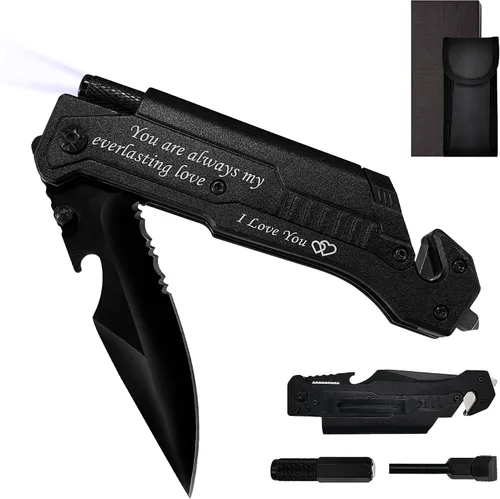 Vista 7 de Cuchillo de bolsillo militar EDC de 8.5 pulgadas para exteriores, 7 en 1, cuchillos plegables multifunción con iniciador de fuego, cortador de Negro