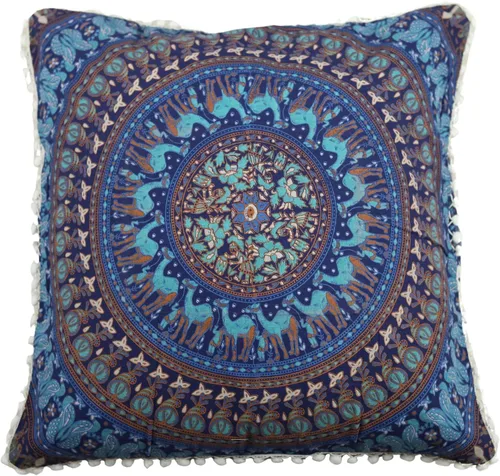 Vista 6 de Funda de cojín de piso de algodón. 26 pulgadas, con encaje de borlas decorativo y diseño de mandala. Patrón 1