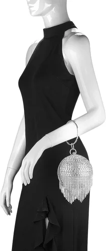 Vista 2 de Bolso de mano redondo para mujer pequeño bolso de noche de cristal deslumbrante borla de diamantes de imitación boda fiesta bolso cruzado con asa