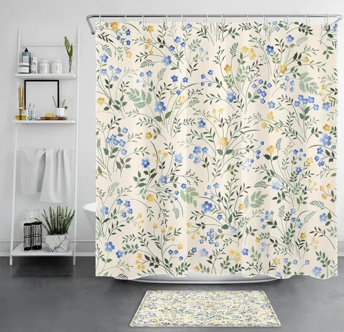 Vista 14 de LB Cortina de Ducha Decorativa de Flores Silvestres del Campo, Flores Azules y Amarillas con Planta de Hojas Verdes sobre Beige, Cortina de Ducha