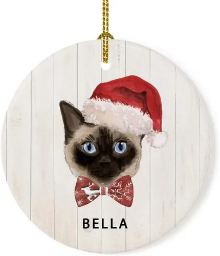 Vista 19 de Andaz Press Adorno redondo personalizado de cerámica para árbol de Navidad, abisinio, corona de acebo, sombrero de Papá Noel, con gráfico de gato