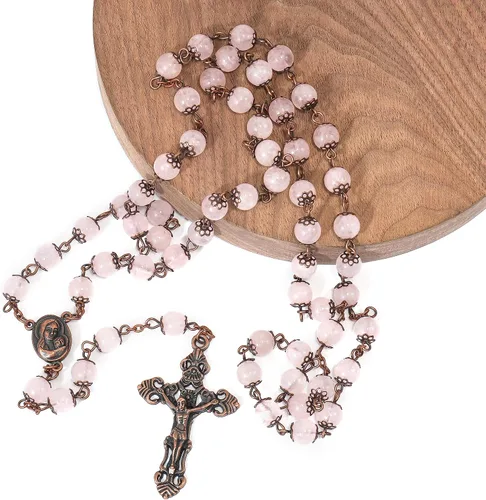 Vista 4 de Nazareth Store Rosario de diseño vintage con cuentas de piedra natural, collar de 0.315 in, medalla de suelo santo y cruz crucifijo rosarios