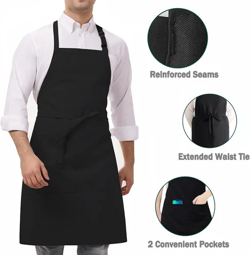 Vista 5 de Paquete de 4 delantales negros impermeables, delantales ajustables con 2 bolsillos para hombres y mujeres, delantal de trabajo profesional