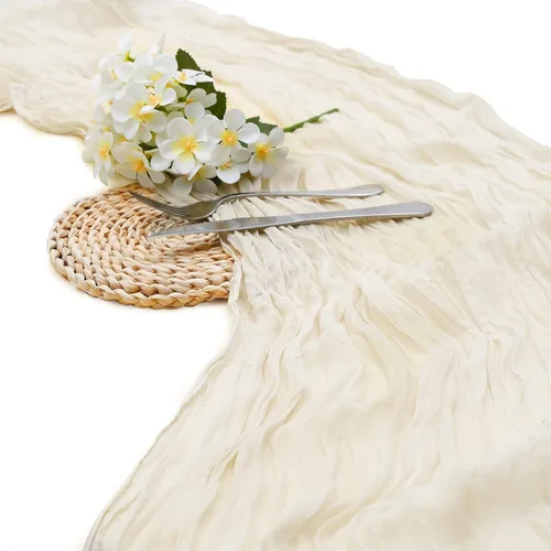 Vista 3 de LuoluoHouse Beige Gauze Table Runner 17x120 Inch Summer Boho Cheesecloth Runner Fabric for Wedding Reception Party Decor Bridal Shower Bulk Table