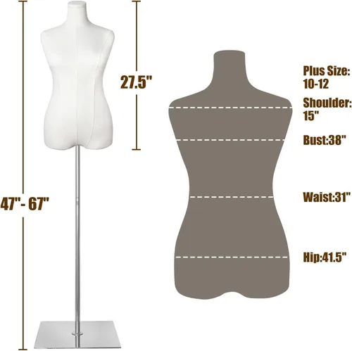 Vista 2 de Maniquí femenino Torso de talla grande para mujer, formas de vestido para coser cuerpo maniquí resistente base metálica plateada para ropa, vestido