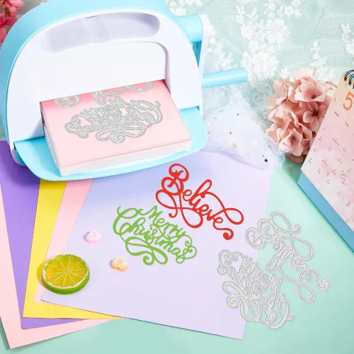 Vista 4 de ORIGACH 6 piezas de árbol de pino de Navidad y palabras de Feliz Navidad, troqueladas de metal para hacer tarjetas, manualidades, álbumes