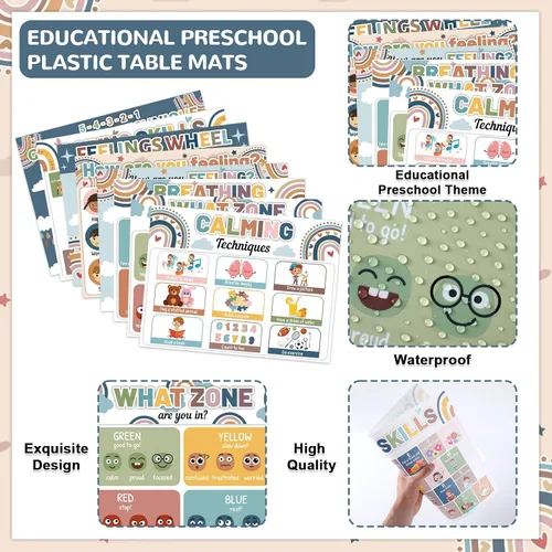 Vista 3 de Juego de 8 manteles individuales para niños y niñas con diseño de esquina relajante, diseño bohemio, para salud mental, antideslizante, lavable