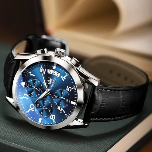 Vista 8 de OLEVS Relojes de hombre de cuero marrón con fecha, relojes casuales para hombre, relojes de cara grande para hombre, cronógrafo para hombre, reloj