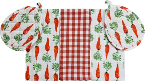 Vista 16 de Serafina Home Easter Kitchen Towel Set with Pot Holders, Spring Colored Eggs Design, 100% Cotton, White Orange Green, 5 Piece Set