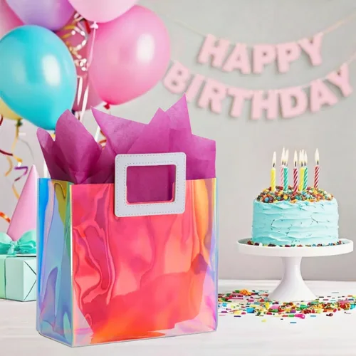 Vista 5 de VUOJUR 2 bolsas de regalo holográficas pequeñas de 8.3 pulgadas con papel de seda - orquídea