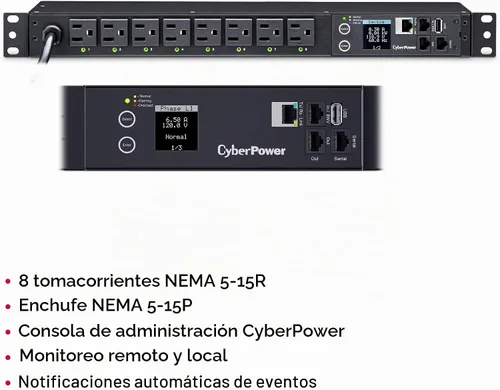 Vista 4 de CyberPower PDU41001 PDU conmutada, 100-120V/15A (reducido a 12A), 8 tomas, montaje en rack 1U