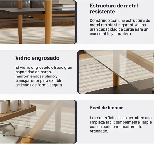 Vista 6 de Furnify Mesa de centro de cristal, mesa central rectangular para sala de estar con patas doradas, mesas decorativas modernas de mediados de siglo
