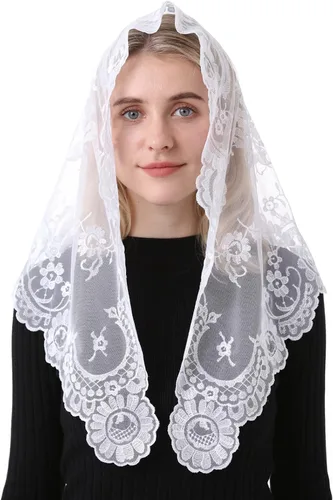 Vista 6 de Cabeza de encaje triangular Mantilla que cubre velos de iglesia católica, length 47.3" across by 23.6" front to back