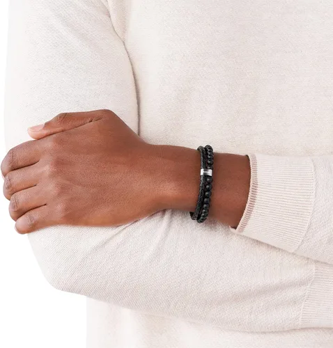Vista 4 de Fossil Pulsera de cuentas de acero inoxidable y cuero genuino para hombre