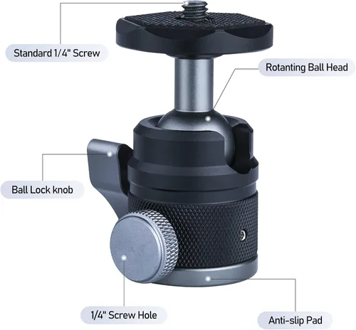 Vista 2 de Mini cabeza de bola con tornillo de 1/4 de pulgada adaptador de montaje de rosca de 3/8 pulgadas, cabezal de trípode de aluminio giratorio de 360