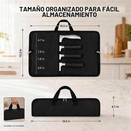Vista 2 de Rollo de cuchillos, bolsa resistente para cuchillos, estuche de lona encerada con 4 ranuras para cuchillos y herramientas de cocina, bolsa